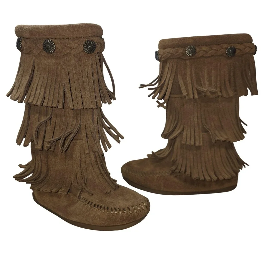 Minnetonka Fringe Boots Girls 8 Brown Suede 3 Layer Western Tall Zip Moccasin